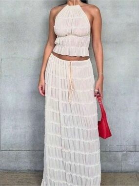 Women's Cream Tiered Maxi Skirt - Elegant Summer Style